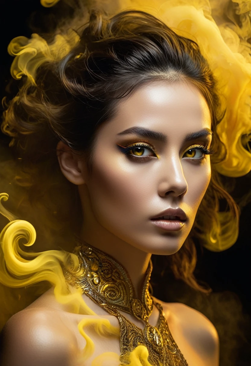 A majestic work of art, a woman, intricately detailed, with an intense, piercing gaze emanating from her singular, striking eye, set against a backdrop of ethereal, swirling yellow smoke that appears to shift and undulate as if alive, illuminated by a cinematic lighting scheme that casts dramatic, high-contrast shadows and highlights, evoking a sense of mystery and the otherworldly, with each element expertly rendered in exquisite, high-definition detail, exuding a sense of artistic mastery and visual sophistication.

