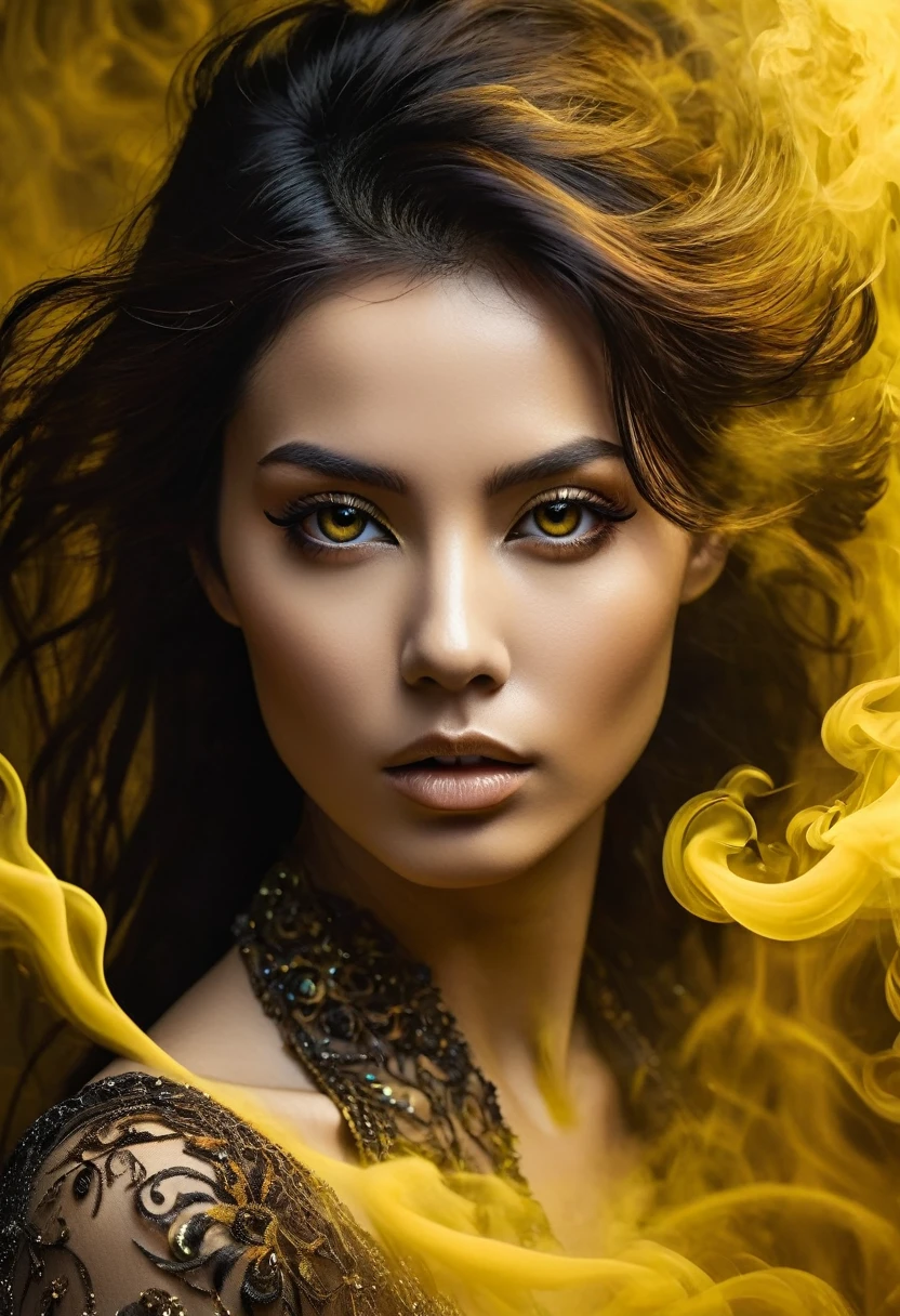 A majestic work of art, a woman, intricately detailed, with an intense, piercing gaze emanating from her singular, striking eye, set against a backdrop of ethereal, swirling yellow smoke that appears to shift and undulate as if alive, illuminated by a cinematic lighting scheme that casts dramatic, high-contrast shadows and highlights, evoking a sense of mystery and the otherworldly, with each element expertly rendered in exquisite, high-definition detail, exuding a sense of artistic mastery and visual sophistication.