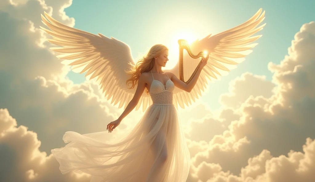 Setting: In a heavenly paradise, a sexy angel with pure white wings is gracefully dancing, bathed in gentle light.
Description: The angel has long blonde hair flowing in the wind, wearing a sheer, shiny fabric that reveals much of her skin. Her large, pure white wings are spread out, and she is playing a beautiful, translucent harp. The background features fluffy clouds and a warm blue sky with sunlight streaming through. A glowing aura surrounds her, creating a mystical atmosphere. Aim for realistic depiction, make sure photos are at highest resolution (8K)