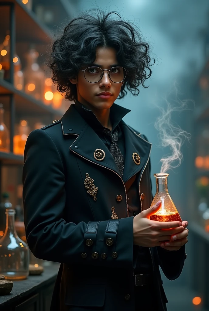 A potrait of a bisexual 1 boy genius alchemist poet of indian-europian ethnicity without facial hair with glasses and flush fuzzy puffy hair like newton that reaches his shoulders like newton holding a chemical flask wearing a flamboyant androgynous black dress like French royalty like Maleficent a laboratory with brown hazel eyes and a mysterious curious look in a dark magical gothic atmosphere having chemistry magic engulfing him