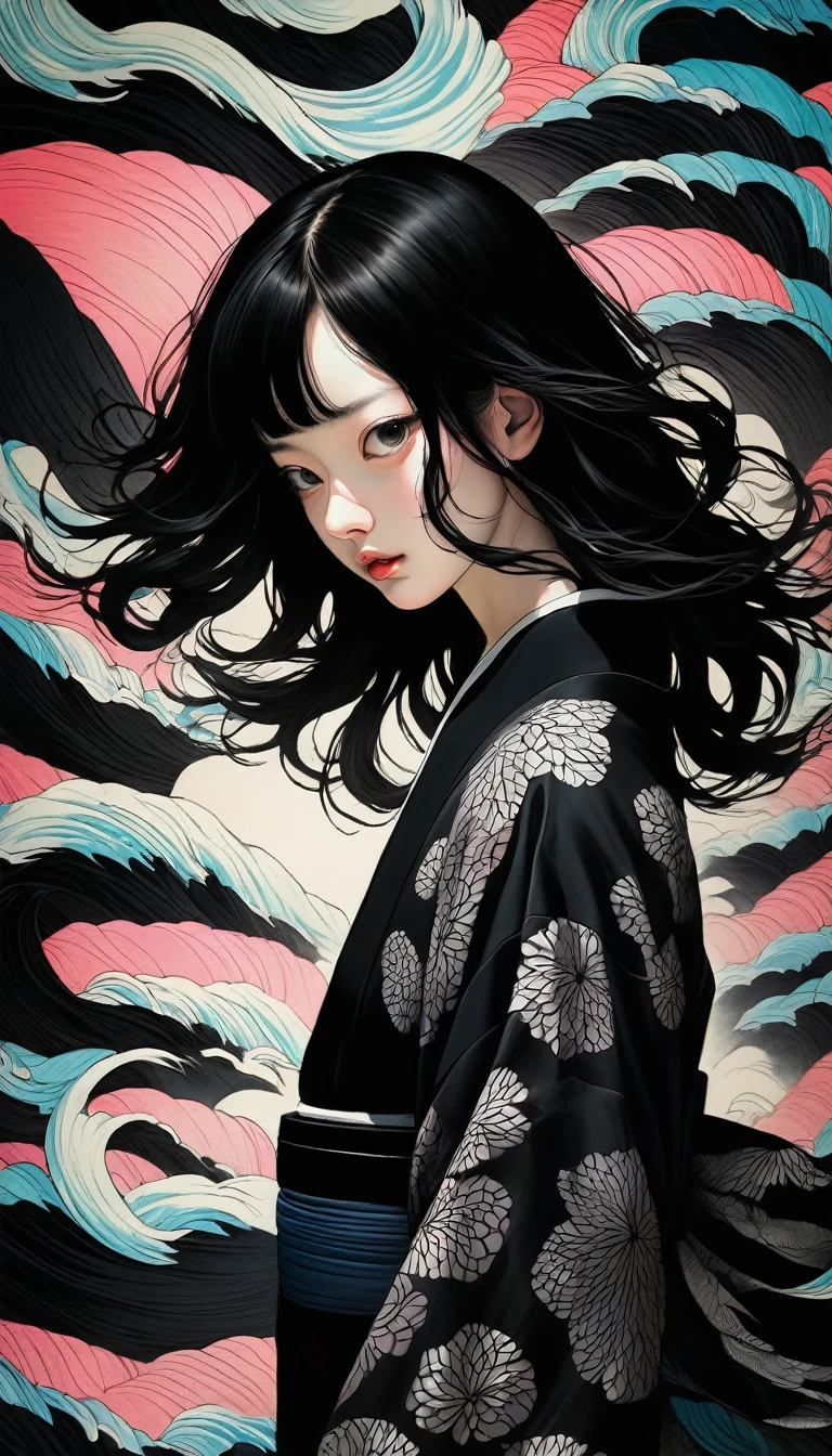 An illustration、art、Supervised by Junji Ito、Overaction、Overreaction、Pretending to be scared、Attention to detail, Realistic shadows、Analog Style, chromatic aberration, Surrealism、Black kimono