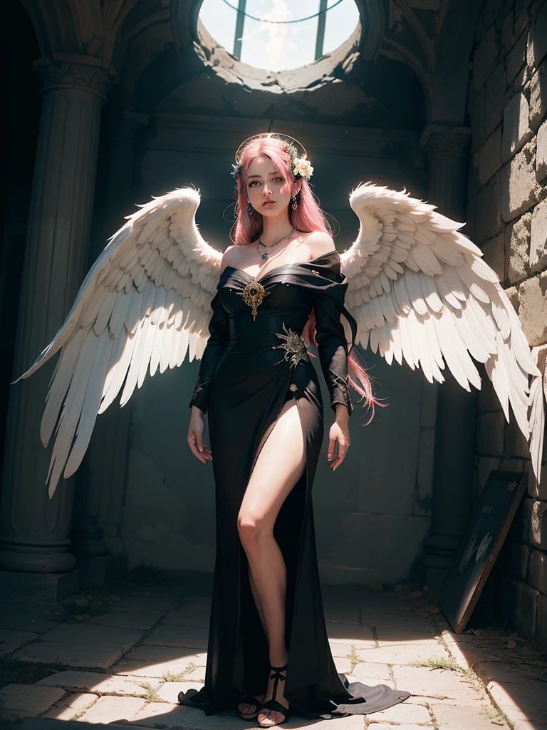 (award-winning masterpieces galore, incredibly detailed, textured and maximally detailed), (hyper realistic:1.4), (realistic:1.3), (top quality realistic textured skin), (dense perfect circle symmetrically beautifully rendered eyes), (angelic light Circle of Divine Radiance Overhead: 1.8), ((Medieval World)), (Black Angel of the Lord or White Angel of the Lord: 1.6), (Full Length Standing Image: 1.8), (Beautiful Kind Eyes), (Loving Beautiful Colored Eyes), (Magnificent Cloud Masses and Sky), (Halo Optical Phenomenon: 1.3), (Dramatic light), (majestic scene), (so beautiful in its expression of serenity and tenderness), ((big old wings with pure white feathers behind shoulders)), flower earrings on ears, (((dramatic photo))), (twilight), (sunset), (dusk), (sacred pose)), (pink hair), (chestnut hair ), flower garden, (elaborately crafted necklace around her neck), old ruins infested with plants, great temple, cathedral, ruins of temple, temple away from temple, (glowing magic circle), ruins of ancient castle, deserted ruins, crumbling ruins, ancient ruins with clear water, holy light, epic realistic, ((neutral color  )), (HDR:1.5), (subdued colors:1.2), highly detailed, cinematic, warm light, dramatic light, (complex details:1.1), complex background, petals, pastel colors、Window