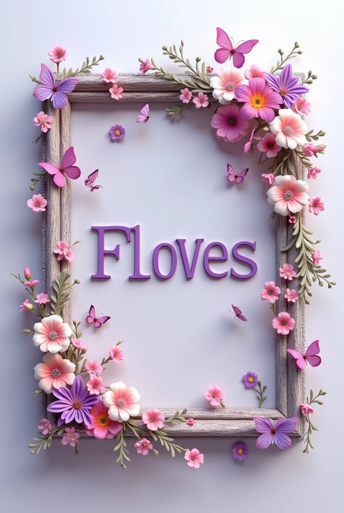 A 3d render of a square frame decorated with different flowers, butterflies, in frame "F love S" written in Capital alphabets in purple color, The background is a light gray.
