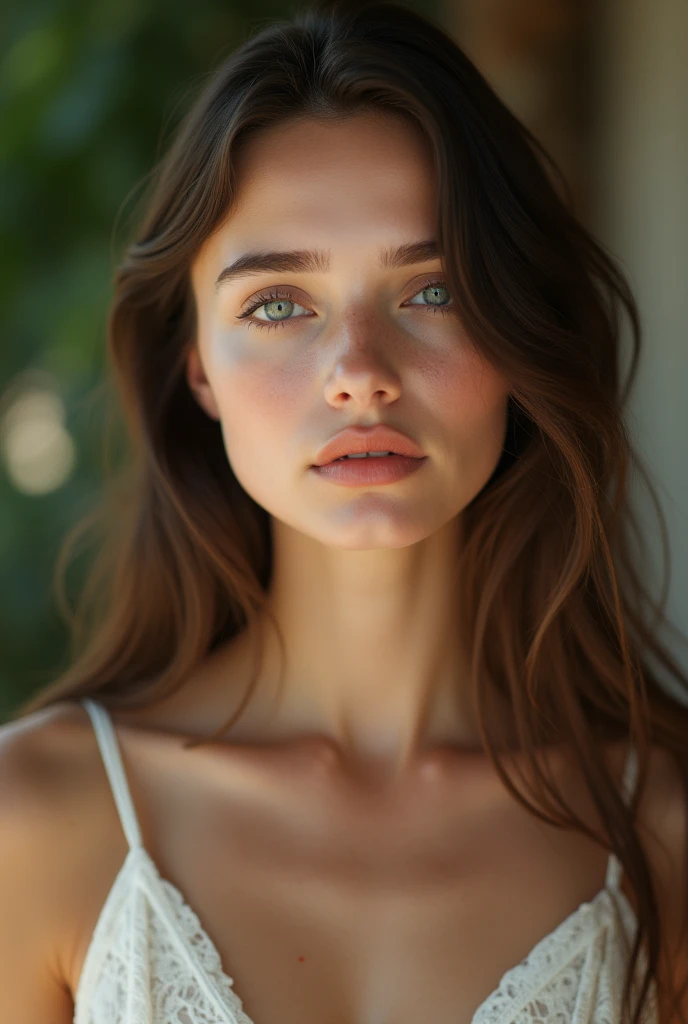 (photorealism: 1.2), beautiful natural woman, angelic face, long straight brown hair, very light blue eyes, fine eyebrows, glamorous mouth, freckle. Sharp focus, 4k texture, Sophisticated, very elegant, very detailed, natural skin texture 24mm; cinematic aspect