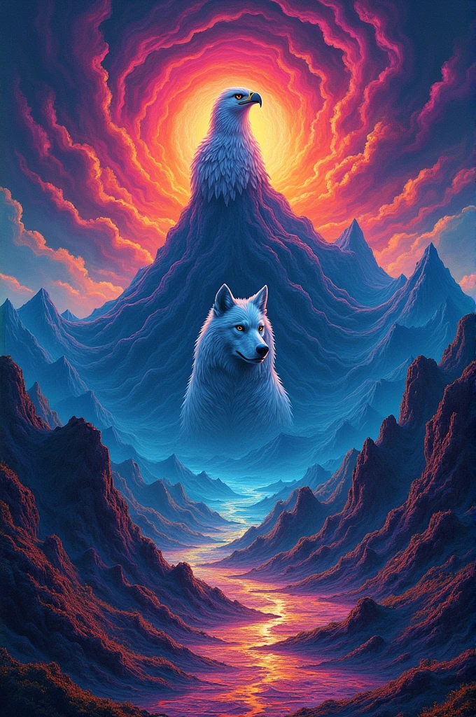 Can you please make me a psychedelic background in which you can see psychedelic wild animals (such as: an eagle, a wolf..) hiding behind the mountains