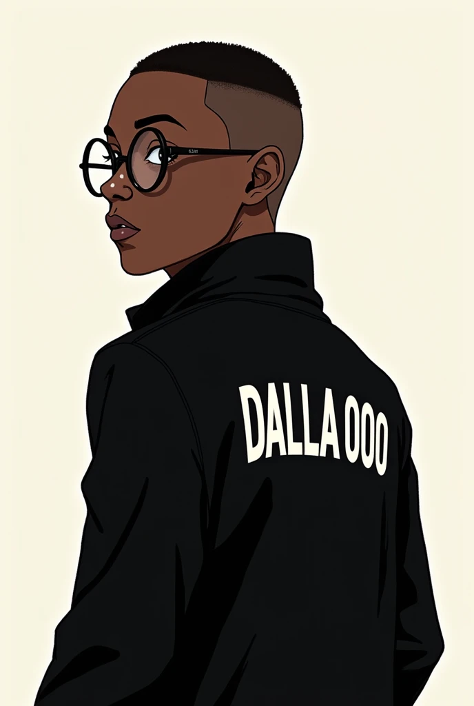 Create an anime drawing with shaved hair wearing circle style glasses with a black coat that says DALLA0000 on the back in capital letters, ain't got a lot of hair, he is a young man with black skin, africana, with adult characteristics, shaven hair, Looking back