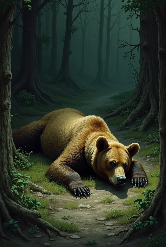 A brown bear was killed，Lying on the forest floor，Gothic，Hand-painted style,
