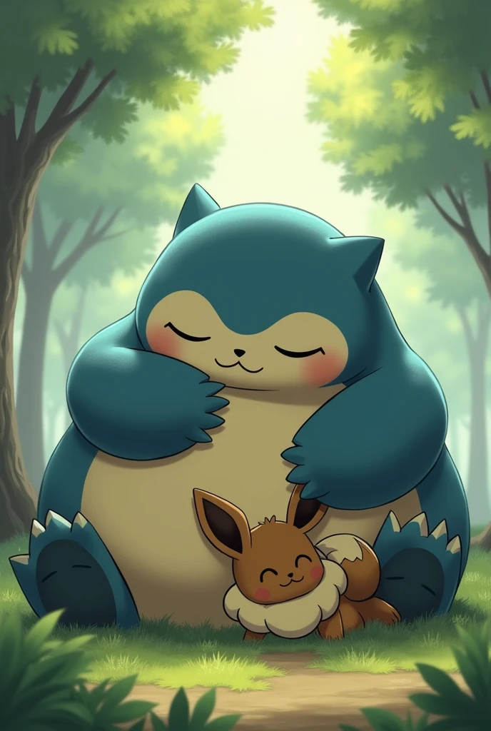 Snorlax and Eevee hugging