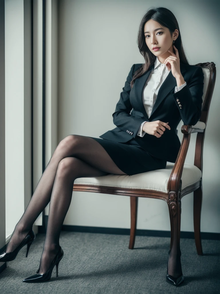 Elegant upper-class elite secretary in a business shirt, Working in the office、Wearing a serious suit, Wear pantyhose、Wear high-end heels、 Girl in shirt, Wearing a suit, Wearing a suit, Wearing a suit, Female Merchant, Business Clothing, Wearing a black suit, Wear a shirt and skirt, Wearing a suit的女人, business attire, Business Attire, RAW photos, (8K、Top quality、masterpiece:1.2)、(Intricate details:1.4)、(Photorealistic:1.4)、Octane Rendering、Complex 3D rendering with ultra-details, Studio Soft Light, Rim Light, Vivid details, Super Detail, Realistic skin texture, Detail face, eyes in beautiful detail, Highly detailed CG Unity 16k wallpaper, cosmetic, (Detailed background:1.2), Show your thighs!!!,sit on the chair，,(Open leg 1.5).she is showing off her whites (Expensive lingerie)Face the photographer，sit on the chair，Legs open,(Open leg 1.5).