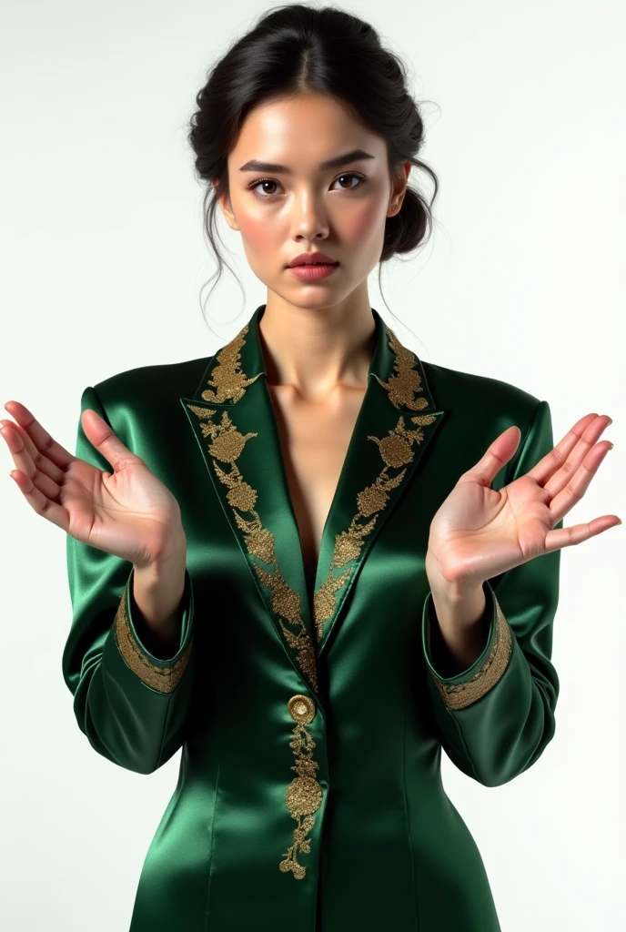 A beautiful russian girl wearing dark green and golden silk suit, pointing both hands fingers to sign board upward in opposite direction showing viewers with white background