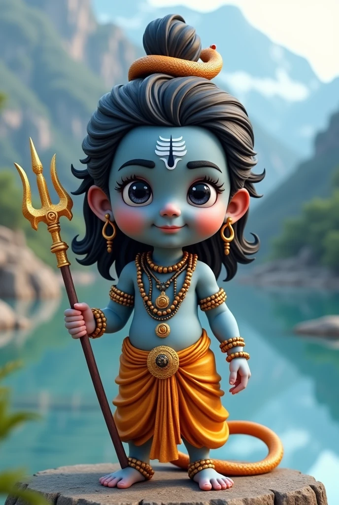 (photorealism:1.2),Create a 3D AI depiction of Lord Shiv Ji, maintaining all the traditional and detailed elements. He should have a youthful and cute appearance, with soft features and a serene expression. Ensure his forehead bears the white three-line tilak with a dot in the center. His hair should be adorned with the crescent moon, and a coiled snake should rest gently around his neck. Include his iconic trident (Trishul) by his side, and dress him in traditional attire with a tiger skin pattern. The backdrop should reflect a divine, mountainous setting with the Ganges flowing from his matted hair, capturing his divine presence with an approachable, heartwarming charm