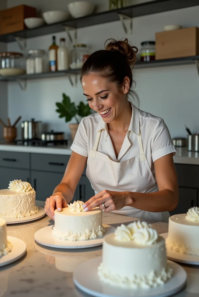 A Brazilian woman in her kitchen making wedding cakes to deliver to her client. She is wearing a tame and apron, tied hair. Your kitchen is extremely tidy. The confectioner is very happy with the order and her profits.