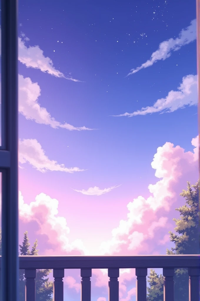 A scene from balcony some tobs, purple and blue sky, white clouds, natural