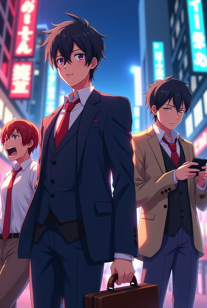 3 anime characters, one with money, ther hungry and one a gamer
