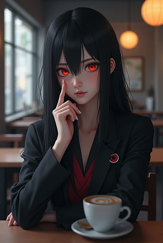 A gorgeous realistic girl who is sitting on a chair in front of desk has sharingan also wearing akatsuki clan's uniform of naruto anime and has long suitable black hair to show his middle finger with little bored face in grey coffee shop
