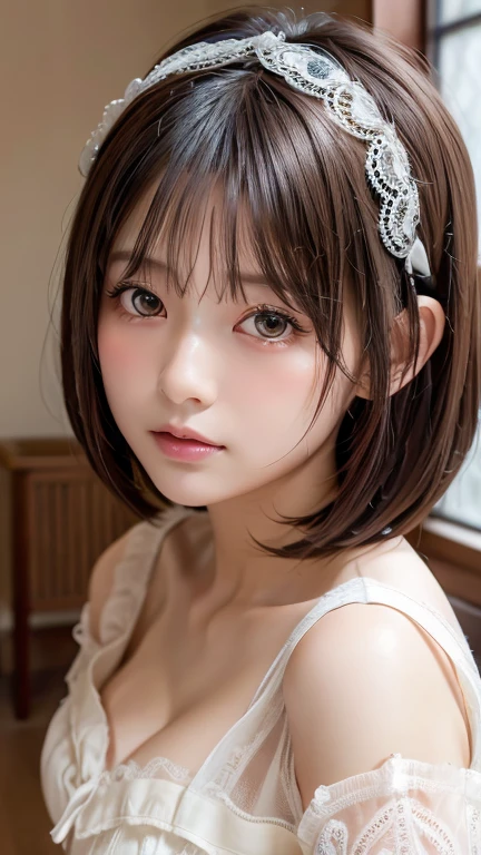 Highest quality, Face Focus, Soft Light, Ultra-high resolution, (Realistic:1.4), RAW Photos,
One of the Japan, alone, cute, (pupil, light in your eyes),  Beautiful face in every detail, (Gothic Maid Outfit、Headdress、Very fine lace),(High resolution detail of human skin texture),
(Bobcut)、Loose and fluffy hair、
indoor,
cardigan、sheer
(Portraiture)
