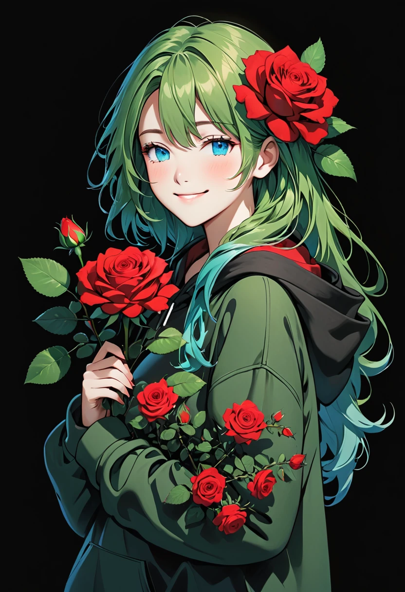 Girl in green hoodie holding red rose with beautiful eyes and face, single girl, alone, black hoodie, flower, holding flower, green hair, rose, one eye closed, looking at viewer, black background, holding, long hair, hoodie, simple background, upper body, long sleeve, smile, blue eyes, red flower