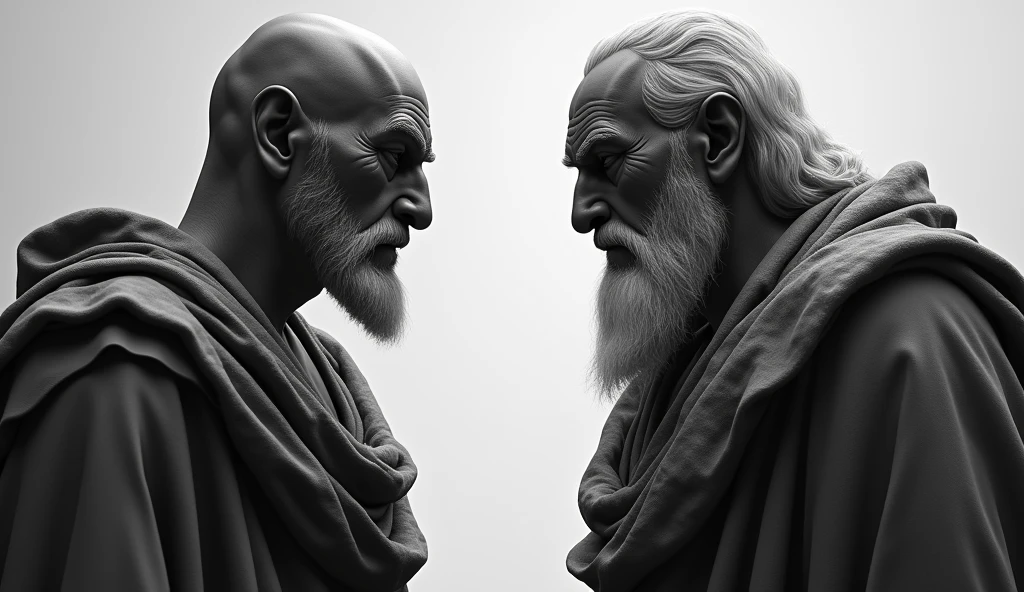 Image of two ancient stoic philosophers with a stern face and very sharp features looking at each other. Make the theme black and white. Make it vibrant and hyper realistic.