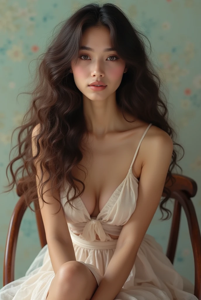 (photorealism:1.2), beautiful woman, sitting on Chair,  pants, long curly hair, , pink colors, by Greg Rutkowski, her name is Baground Manaswi, she is beautiful also