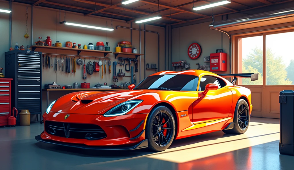 A bright, colorful garage with tools and a shiny car named Max.
