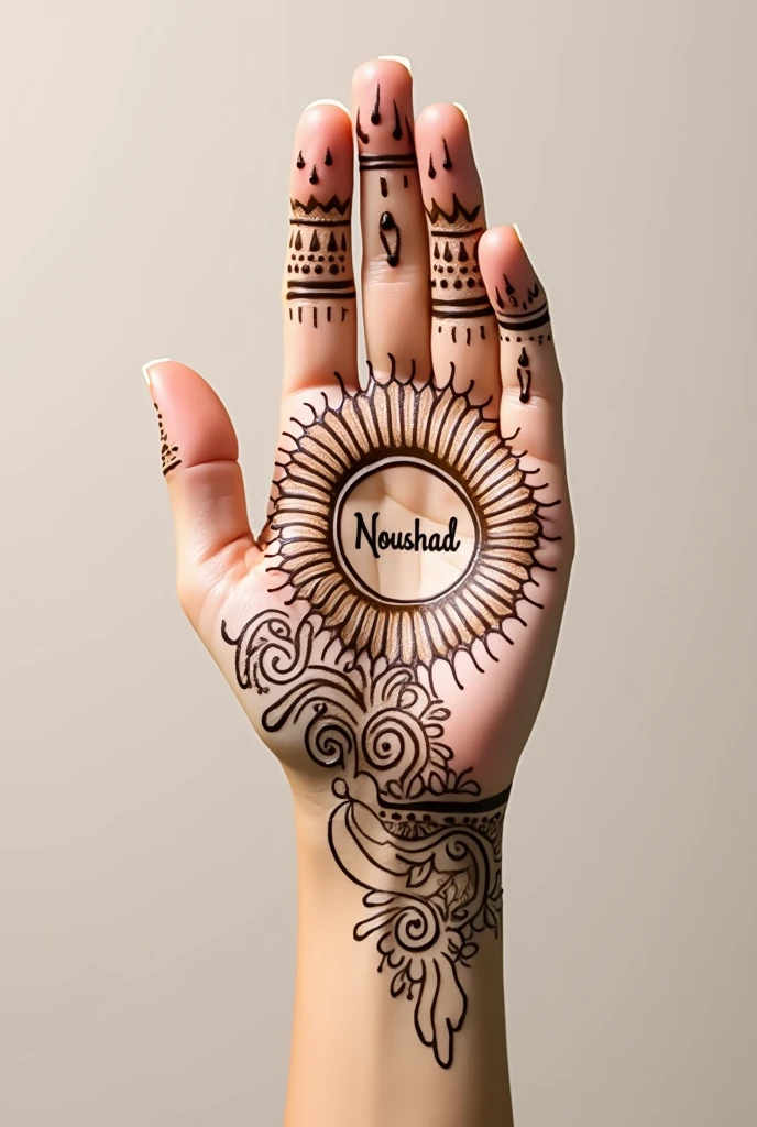 Beautiful Henna design with name noushad in palm