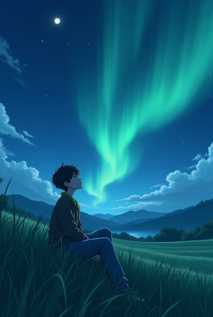 Sitting on grass in country side, night sky,8k , better quality,Young boy , moonshining brightly,sky dripped in aurora borealis, Japanese style, teenage boy