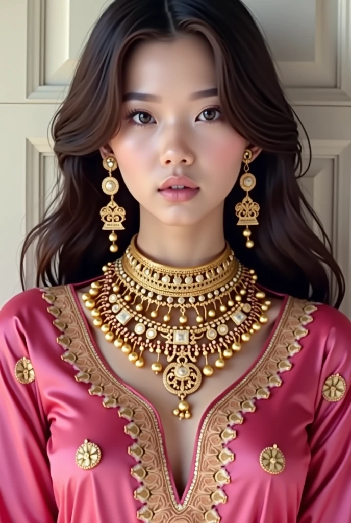 Wonyoung from IVE k-pop group in a pink kurti and heavy gold Indian jewellery 