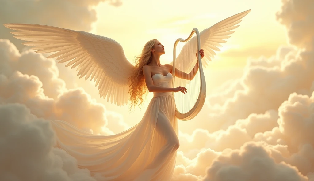 Setting: A heavenly paradise where a sensual angel with pure white wings dances gracefully, bathed in soft light.
Description: The angel has long, flowing blonde hair, wearing a sheer, silky fabric that clings to her body. Her large, pure white wings are spread wide, and she is playing a beautiful, transparent harp. The background features fluffy clouds and a warm, radiant sky. A soft, glowing aura surrounds her, creating a mystical and serene atmosphere. Aim for realistic depiction, make sure photos are at highest resolution (8K)