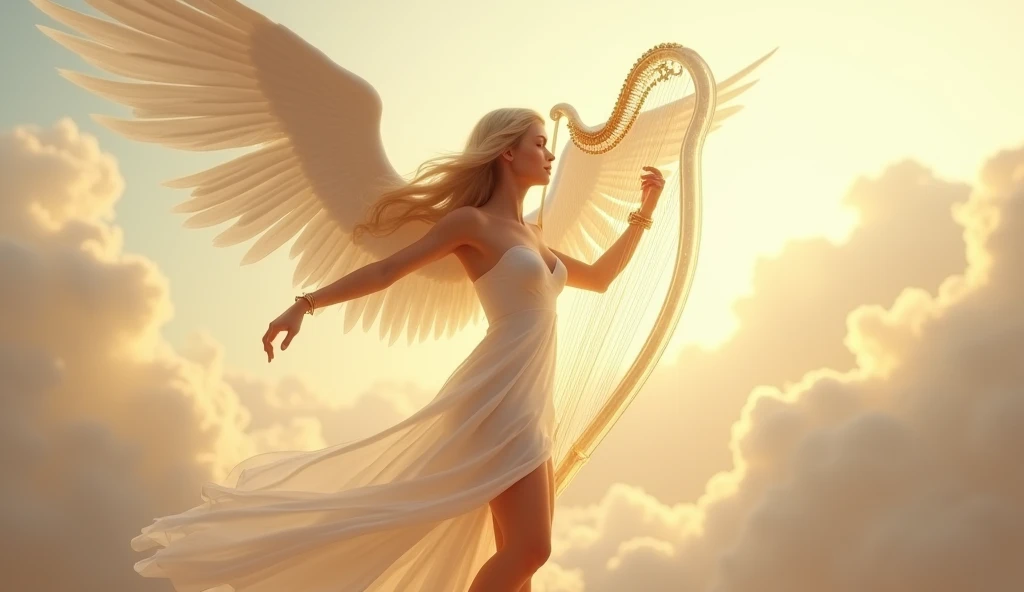 Setting: A heavenly paradise where a sensual angel with pure white wings dances gracefully, bathed in soft light.
Description: The angel has long, flowing blonde hair, wearing a sheer, silky fabric that clings to her body. Her large, pure white wings are spread wide, and she is playing a beautiful, transparent harp. The background features fluffy clouds and a warm, radiant sky. A soft, glowing aura surrounds her, creating a mystical and serene atmosphere. Aim for realistic depiction, make sure photos are at highest resolution (8K)