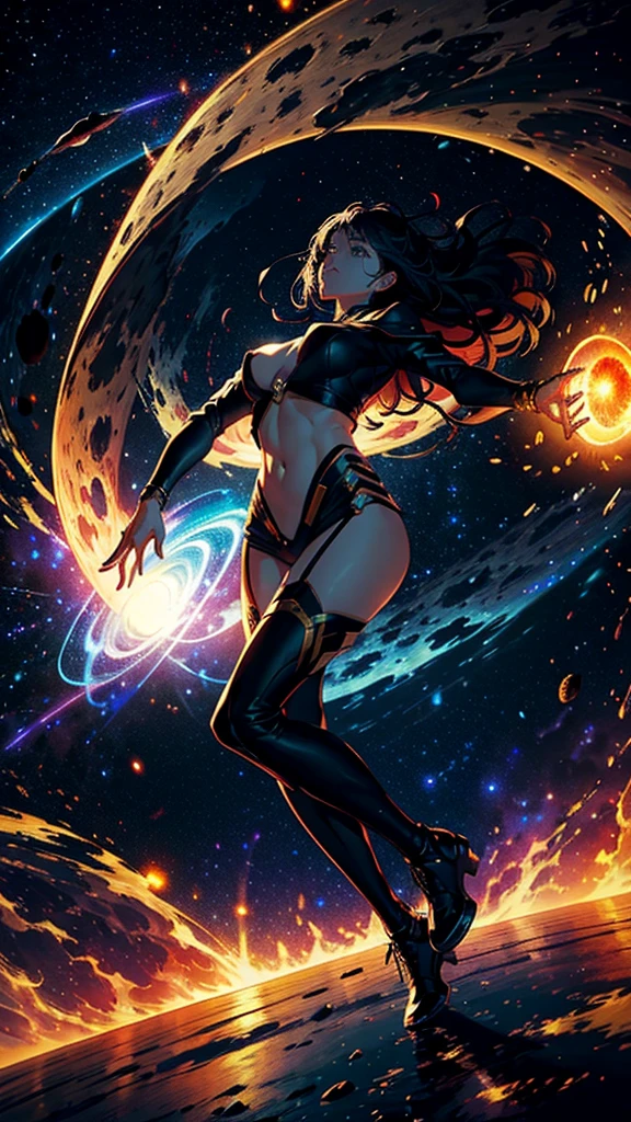 Show the Co-creator, a grand and imposing entity, at the crucial moment of the creation of the universe. She is at the center of a cosmic explosion, similar to the Big Bang, with an immense release of light and energy. Capture the moment she tries to contain the explosion, but fails and is sucked into the creative vortex itself. The scene must convey the force and chaos of the explosion, with the Co-Creator being dragged into the vortex, symbolizing her downfall and imprisonment in the universe she created."
