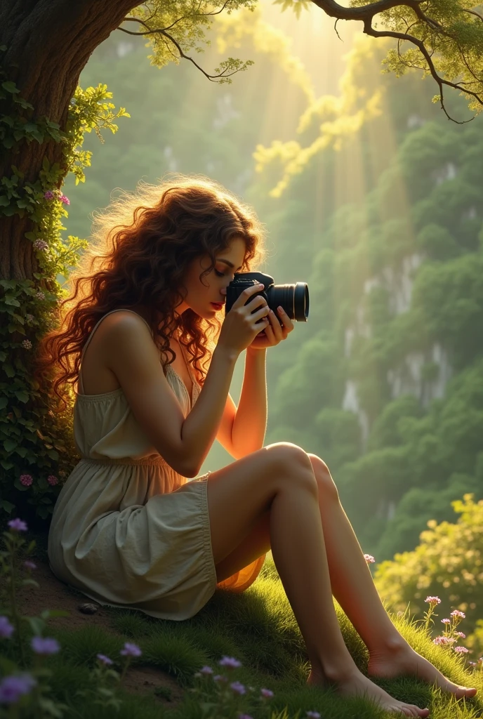 A brunette girl with curly hair and big breasts sits with her legs stretched out, taking a realistic photo, An elf