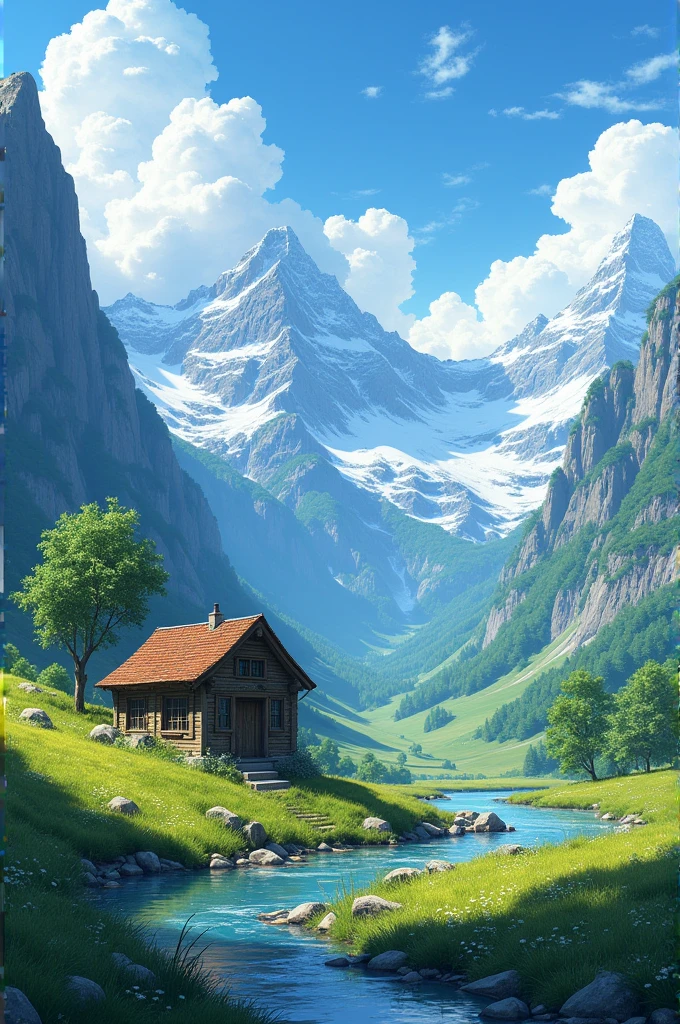Beautiful Nature with one house alone in the mountain 