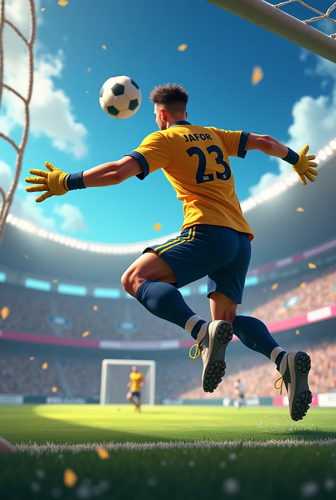 A goalkeeper long jump to the ground for save the football in the front of goalpost. He is a goalkeeper, her jursy name is "Jafor" her jursy name is 23.