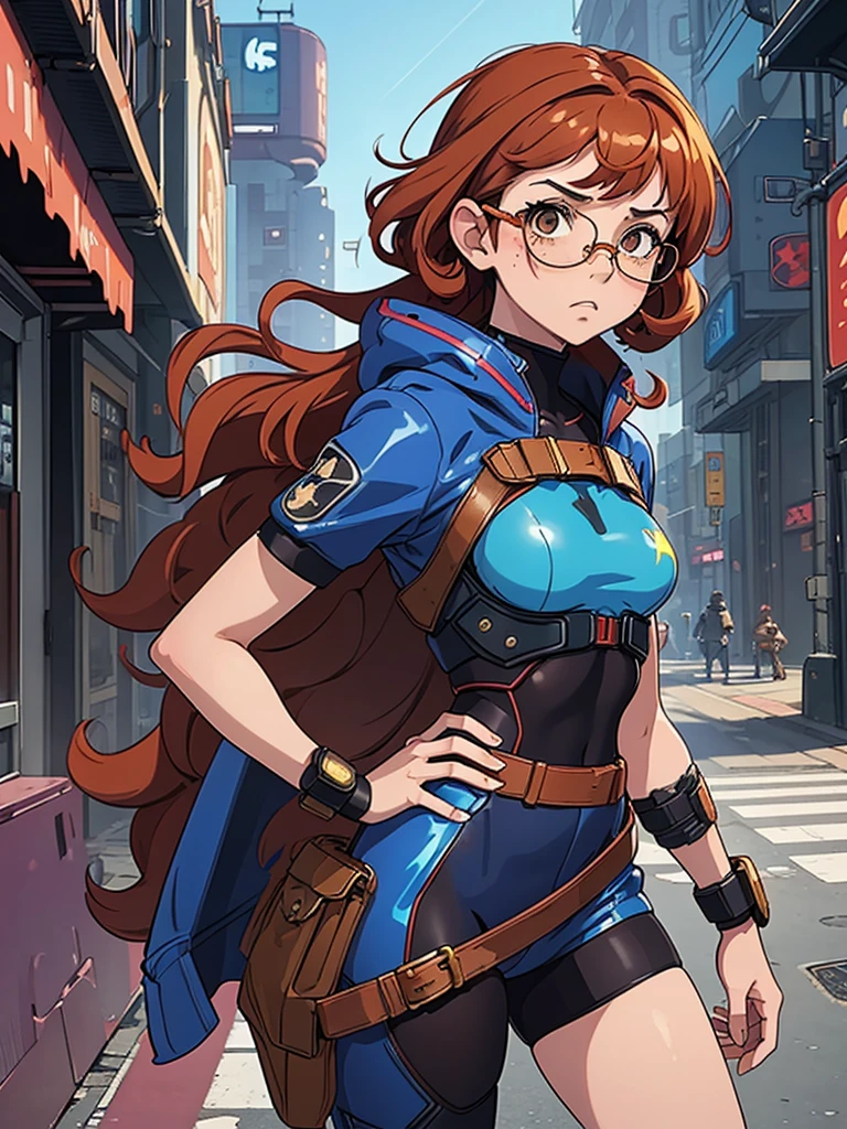 (masterpiece), (best quality),(1 girl), adult, red copper hair,(brown eyes),curly hair,(short curly hair), anime style, freckles, (small breasts),(petite figure), (blue outfit),(cyberpunk clothes)),(battle outfit),(badass outfit),legs, desert background, (gold glasses)
