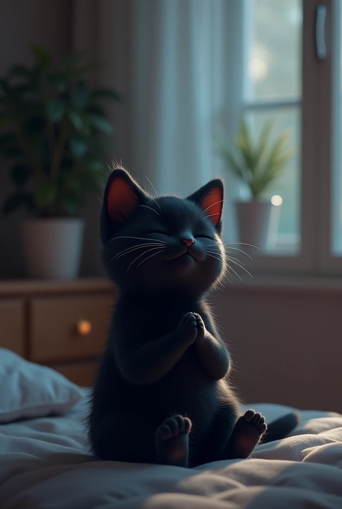 Black cute cat pray before sleep