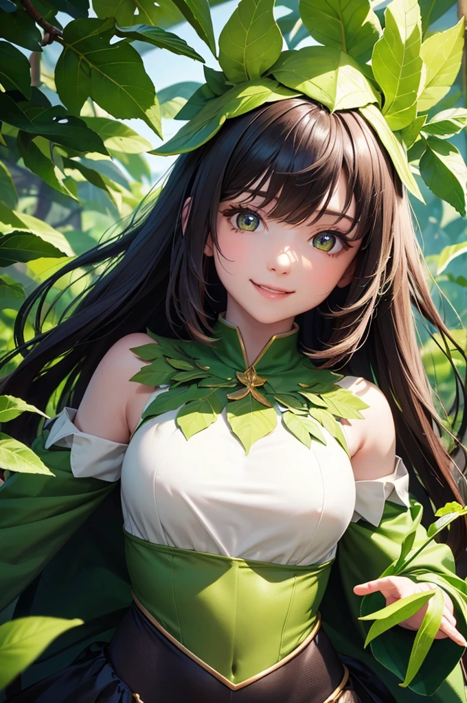 Hq, 4k,8k, beautiful girl, leaf outfit inspired, leaf hat, green and yellow eyes, detailed eyes, detailed anatomy , perfect anatomy, hq image, perfect ilumination, black long hair,smiling,looking at the camera ,full body, normal outfit, pretty outfit, beautiful leaf outfit