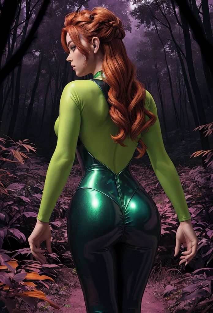 A captivating, otherworldly digital illustration of a female leprechaun with his back turned with a beautiful curvy silhouette pulling away from the camera, displaying a dazzling array of neon colors. The leprechaun's iridescent body is a mesmerizing mix of electric greens, reds, yellows, oranges, and purples, with a mix of muted browns and yellows. Her beautiful almost transparent outfit in a bright purple tone, features very long hair that captivates the viewer's attention,the letters "D.M."  barely noticeable in the image, the background is a textured forest and blurred in dark tones as if it were from an oil painting.