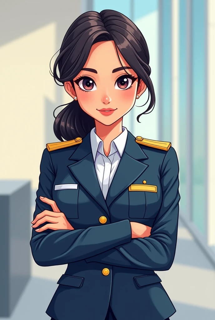 Cartoon of a Thai woman wearing a civil servant uniform standing with her arms crossed, looking cool.