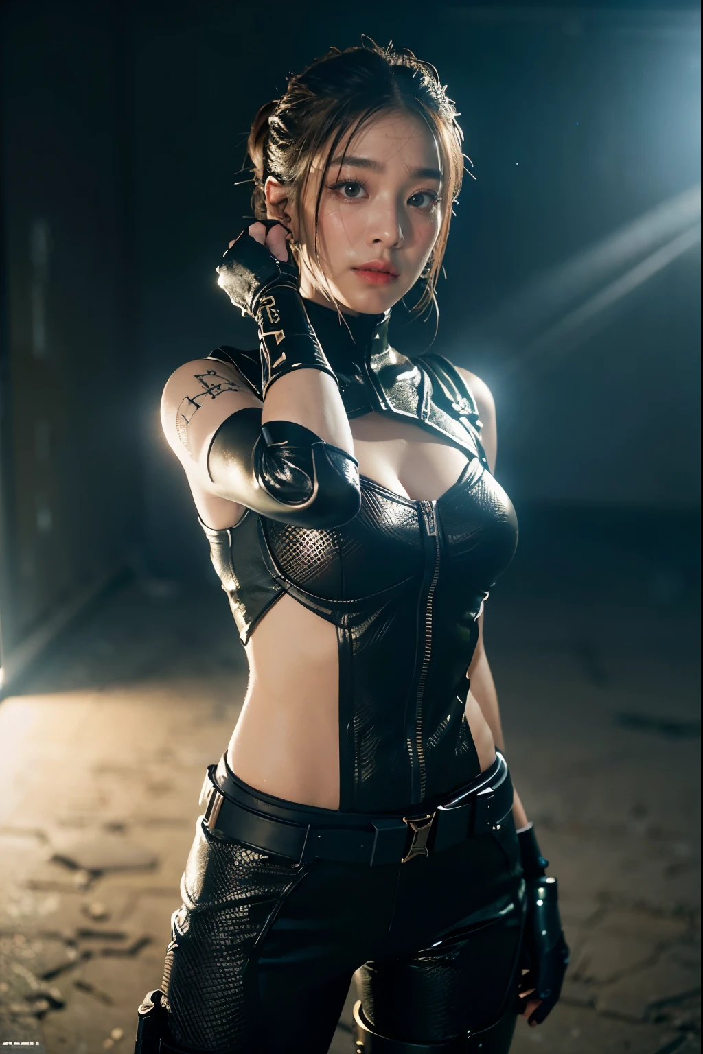 Game art，The best picture quality，Highest resolution，8K，(A bust photograph)，(A bust:1.5)，(Portrait)，(Head close-up)，(Rule of thirds)，Unreal Engine 5 rendering works， (The Girl of the Future)，(Female Warrior)， 20-year-old girl，An eye rich in detail，(Big breasts)，Elegant and noble，indifferent，brave， (Future style combat suit combining the characteristics of ancient armor，Ancient runes of light，Combat accessories with rich detailetallic luster)，Future police，cyberpunk characters， photo poses，simple background，Movie lights，Ray tracing，Game CG，((3D Unreal Engine))，OC rendering reflection pattern