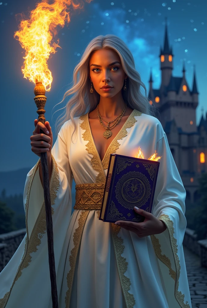 a powerful wizard, a stunning woman with a staff wrapped in flames, white robes with golden details, grey hair, brown skin, blue eyes, carrying a book with a purple cover full of arcane symbols, castle, night, starry sky, mystical, magical, cinematic lighting, dramatic pose, dynamic, photorealistic, intricate details, highly detailed, 8k, best quality, masterpiece, hyper realistic, dramatic, epic, majestic, awe-inspiring