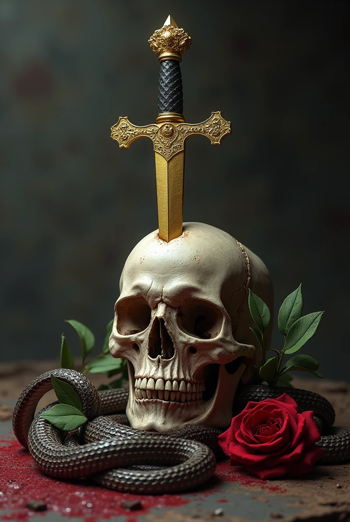 An image that works in one, a golden dagger , A snake, a skull. Let the dagger pierce the skull, May the snake surround them along with the rose