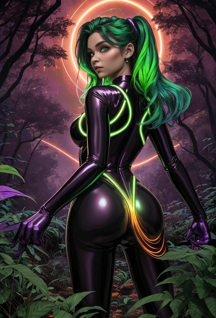A captivating, otherworldly digital illustration of a female leprechaun with his back turned with a beautiful curvy silhouette pulling away from the camera, displaying a dazzling array of neon colors. The leprechaun's iridescent body is a mesmerizing mix of electric greens, reds, yellows, oranges, and purples, with a mix of muted browns and yellows. Her beautiful almost transparent outfit in a bright purple tone, features very long hair that captivates the viewer's attention,the letters "D.M."  barely noticeable in the image, the background is a textured forest and blurred in dark tones as if it were from an oil painting.