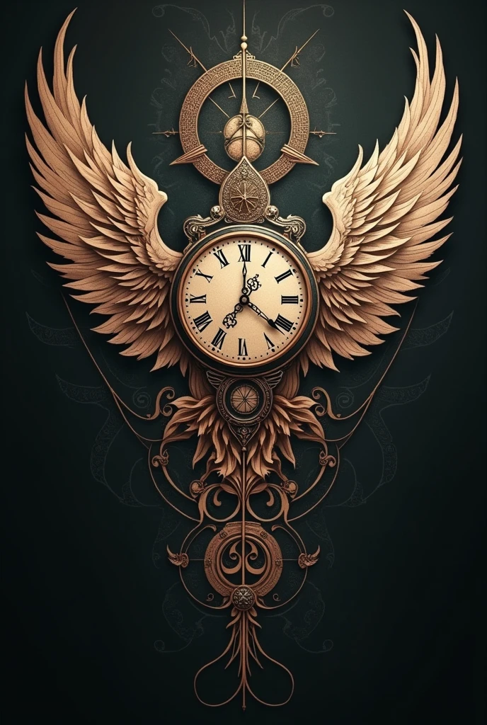 wings, time clock, rune letter tatoo design for man