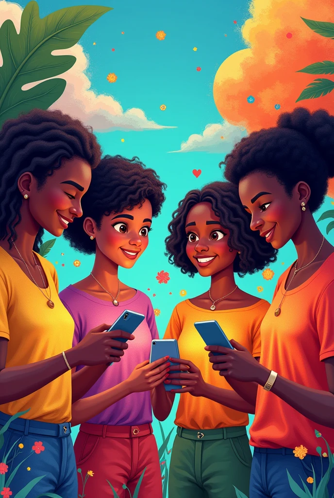 indigenous people, LGBT, people of African descent, whites, peasants, with the same desire to generate economic income and giving their information through a cell phone survey , vivid and colorful animated image