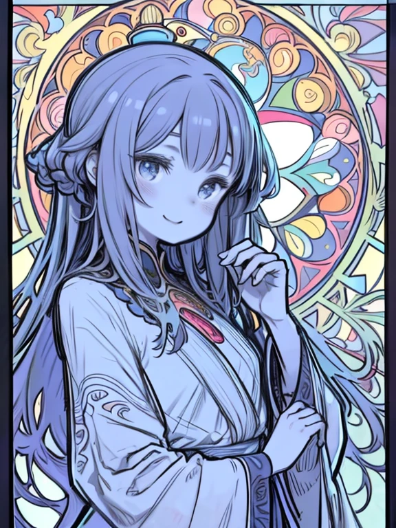 One Girl、((Very thick contour lines))、Stained Glass Style、Smiling、((Flat Color))、Upper Body、Alphonse Mucha style、