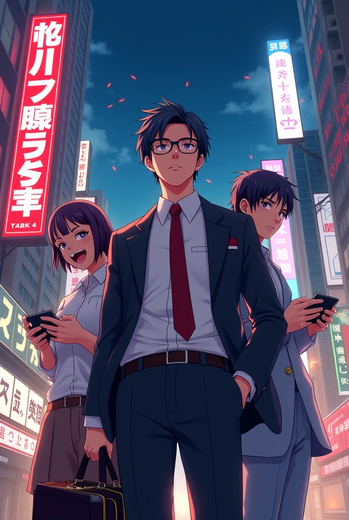 3 anime characters, one with money, another hungry and one a gamer