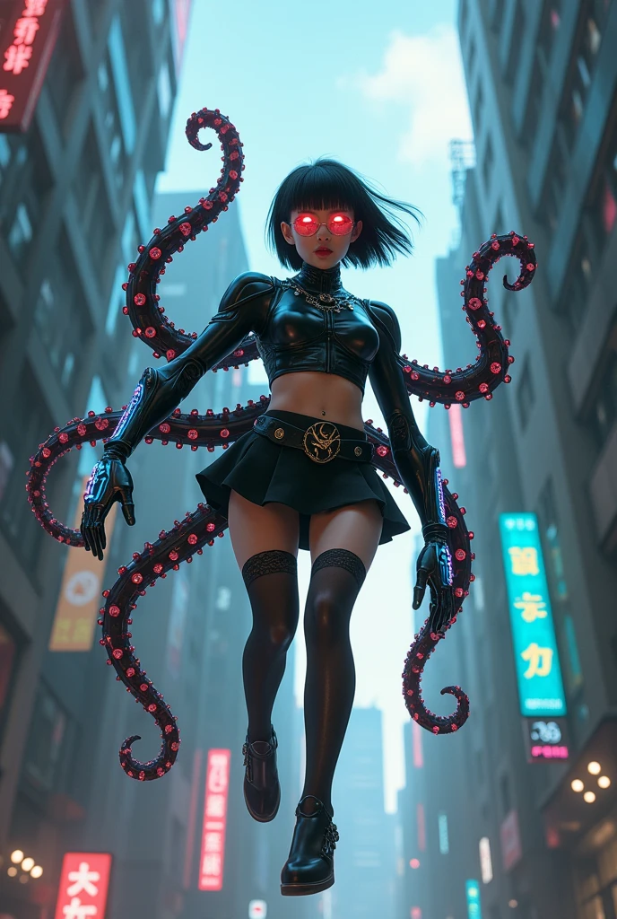 Doctress octopus is (a super pretty taiwanese native american mix girl 18yo)(cool cyberpunk futuristic visor)(bobcut black shiny hair) (shinto priest costume mini) (flying all over the city) (long mechanical arms sprouting from her back) (grappling buildings) (high tech glowing gauntlets) (lace thigh highs) (superhero poster shot) (64k uhd super detailed dramatic) (wide camera 24mm canon eos r850) (from below)
