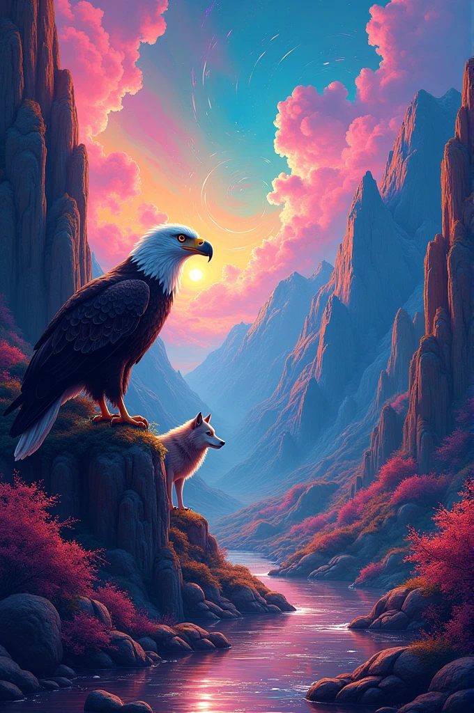 Can you please make me a psychedelic background in which you can see psychedelic wild animals (such as: an eagle, a wolf..) hiding behind the mountains to the sound of soaring music and a connection to nature and the earth