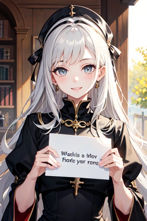 ((Best Quality)), ((masterpiece)), (detailed), 1 girl, Manhwa, Black medieval dress with white and gold details, holding a blank sign, grey eyes, long white hair, Whole body, smiling 