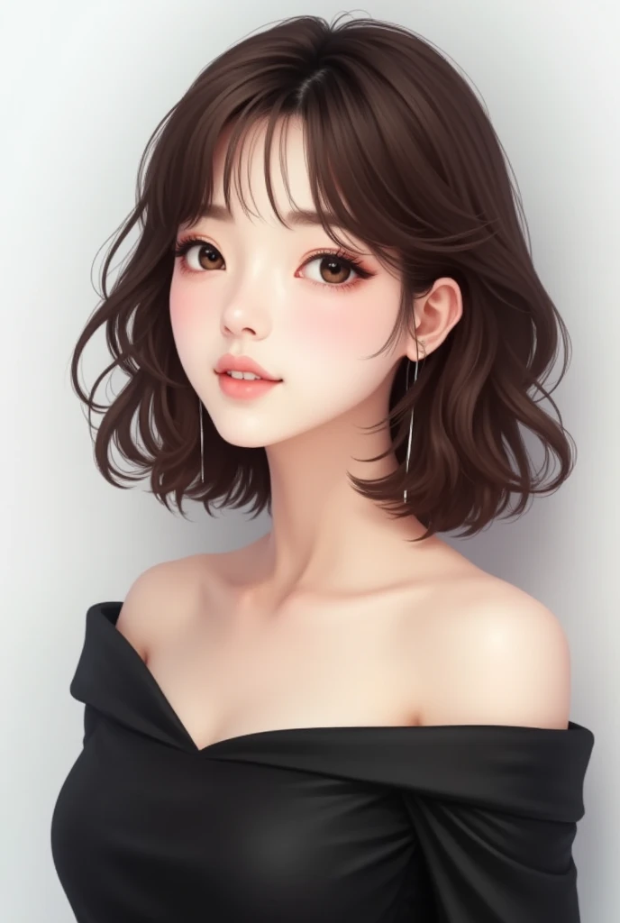 Photo of a beautiful Japanese woman wearing a black off-the-shoulder top with dark bule and a cute hairstyle against a plain white background, shoulder-length, wavy brown hair in a bob cut, high-quality upper body shot --ar 1:2 --stylize 750 --v 6. 1